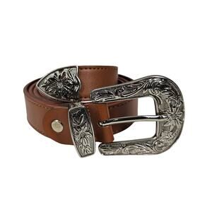 VTG STYLE WESTERN BROWN BELT 1" WIDE x 46" LENGTH – FLORAL BUCKLE – FITS 26–42"